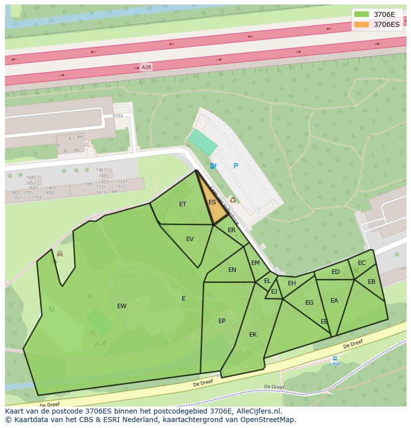 Afbeelding van het postcodegebied 3706 ES op de kaart.