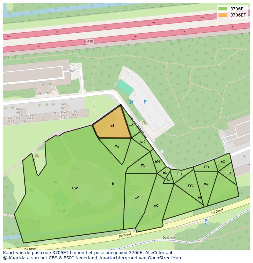 Afbeelding van het postcodegebied 3706 ET op de kaart.
