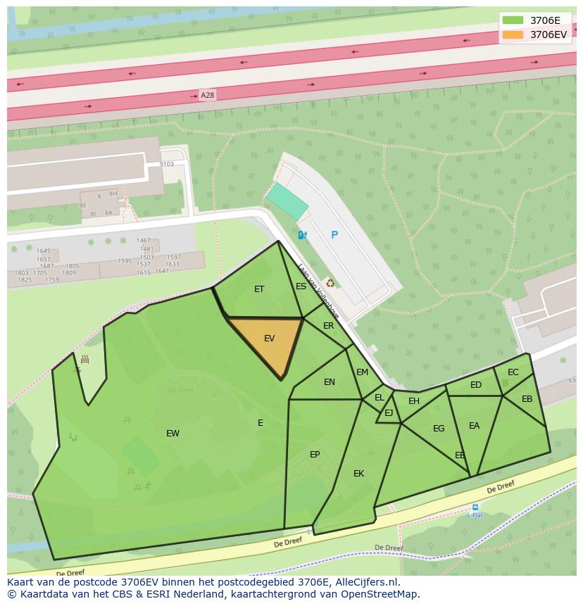 Afbeelding van het postcodegebied 3706 EV op de kaart.