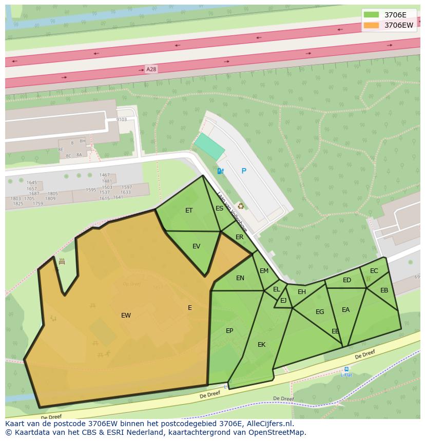 Afbeelding van het postcodegebied 3706 EW op de kaart.