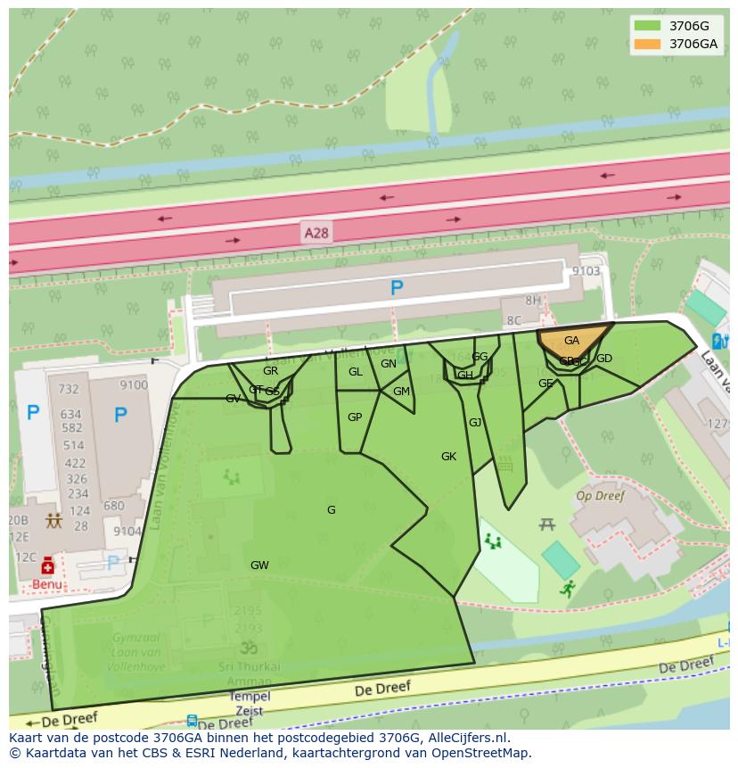 Afbeelding van het postcodegebied 3706 GA op de kaart.