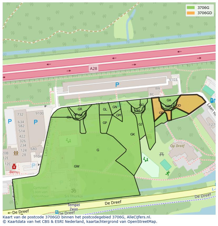 Afbeelding van het postcodegebied 3706 GD op de kaart.
