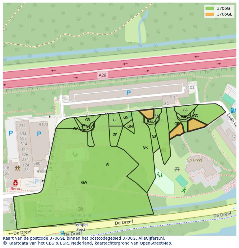 Afbeelding van het postcodegebied 3706 GE op de kaart.