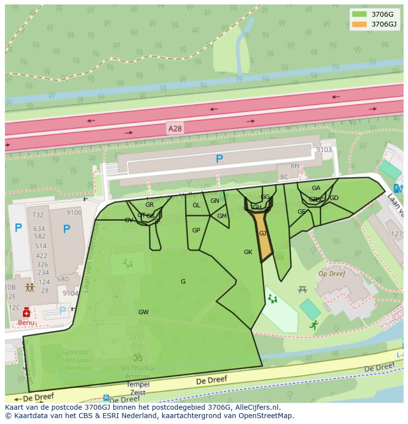 Afbeelding van het postcodegebied 3706 GJ op de kaart.