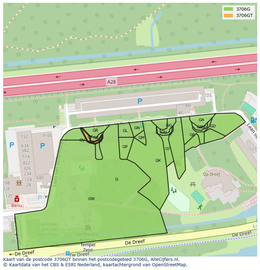 Afbeelding van het postcodegebied 3706 GT op de kaart.