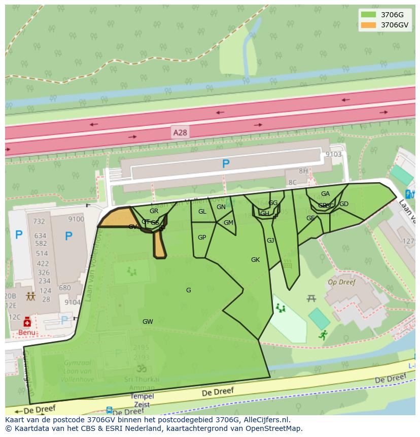 Afbeelding van het postcodegebied 3706 GV op de kaart.