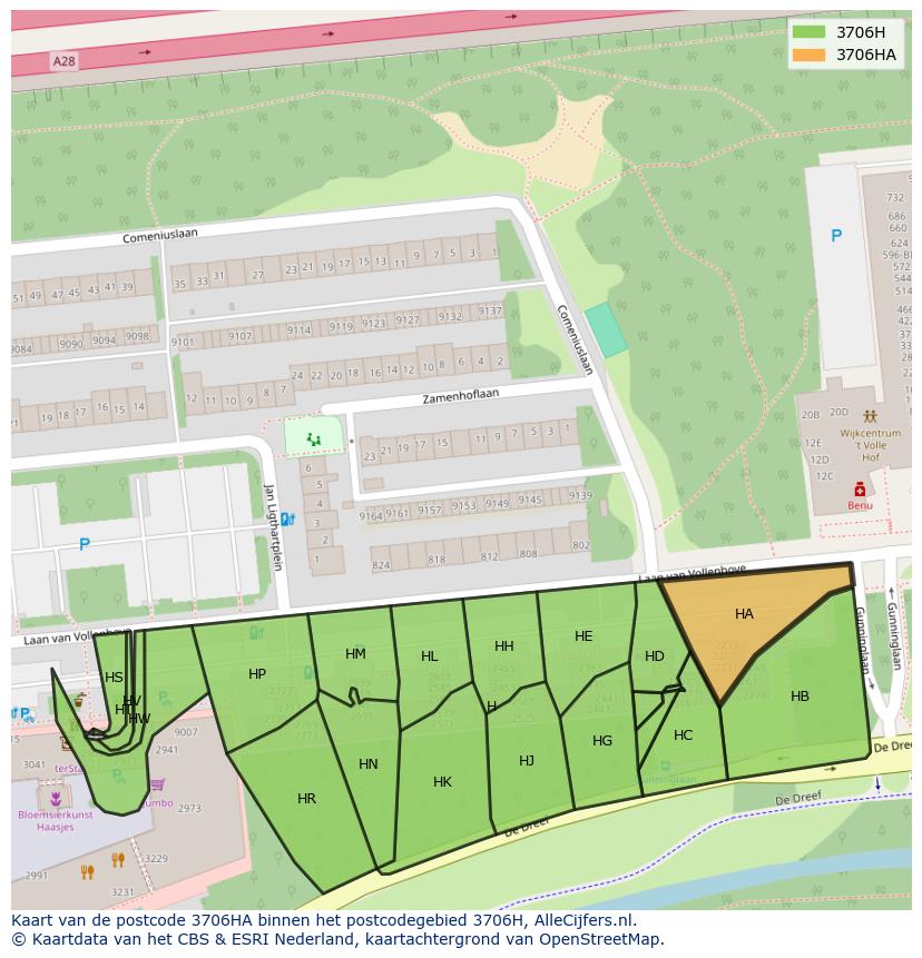 Afbeelding van het postcodegebied 3706 HA op de kaart.