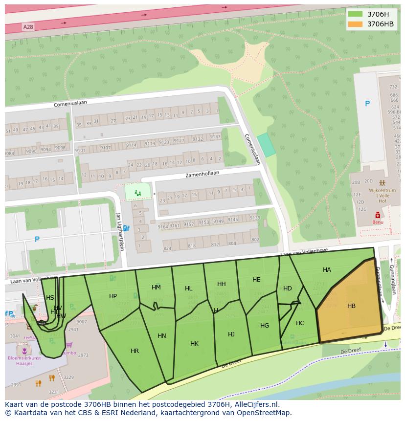 Afbeelding van het postcodegebied 3706 HB op de kaart.