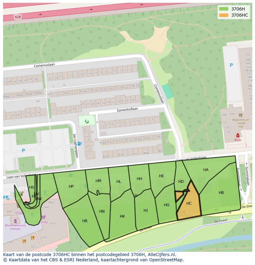 Afbeelding van het postcodegebied 3706 HC op de kaart.