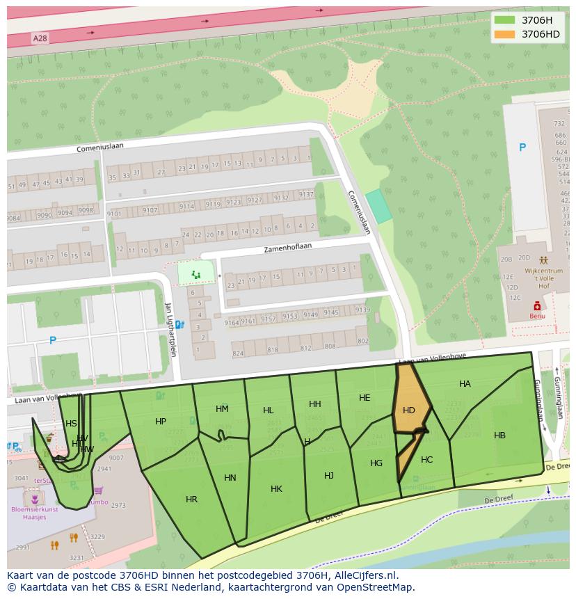 Afbeelding van het postcodegebied 3706 HD op de kaart.