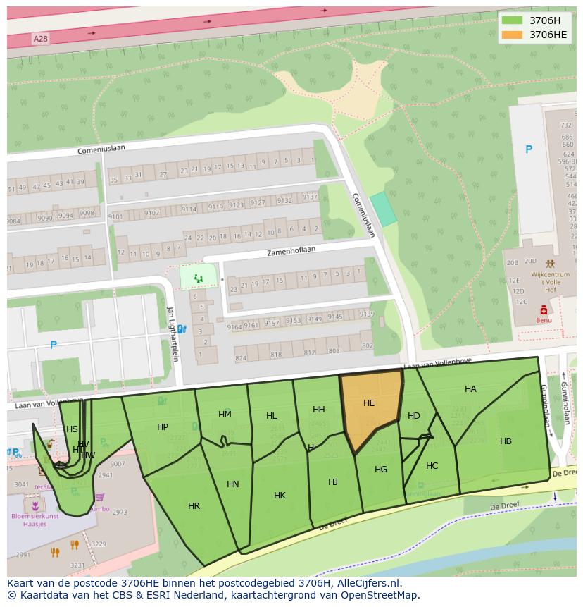 Afbeelding van het postcodegebied 3706 HE op de kaart.