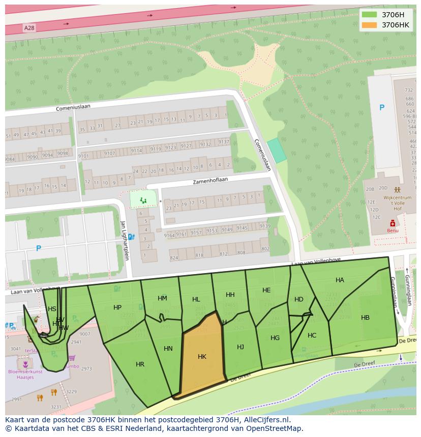 Afbeelding van het postcodegebied 3706 HK op de kaart.