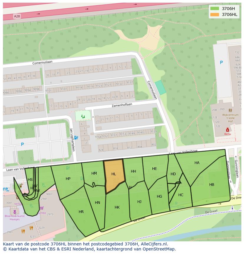Afbeelding van het postcodegebied 3706 HL op de kaart.