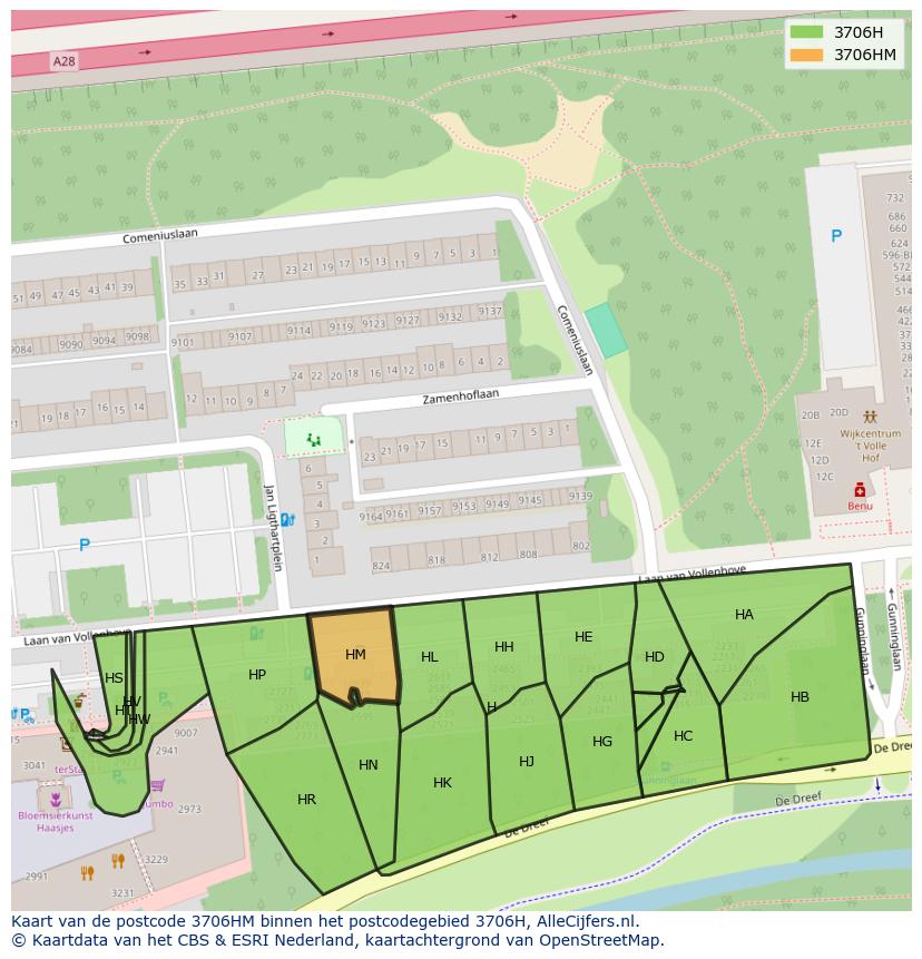Afbeelding van het postcodegebied 3706 HM op de kaart.