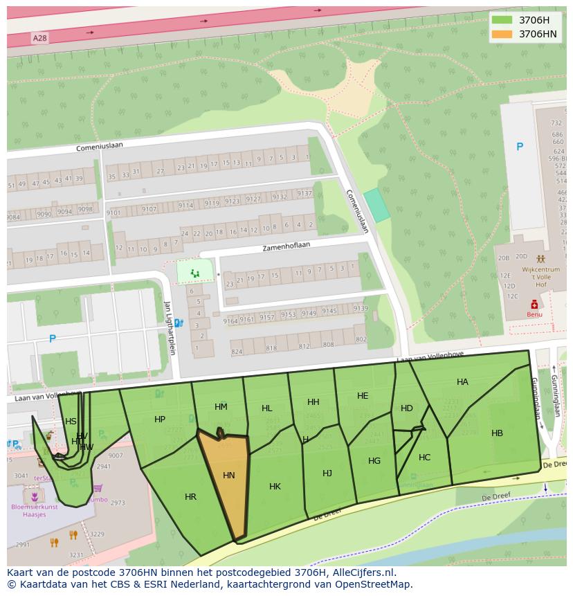 Afbeelding van het postcodegebied 3706 HN op de kaart.