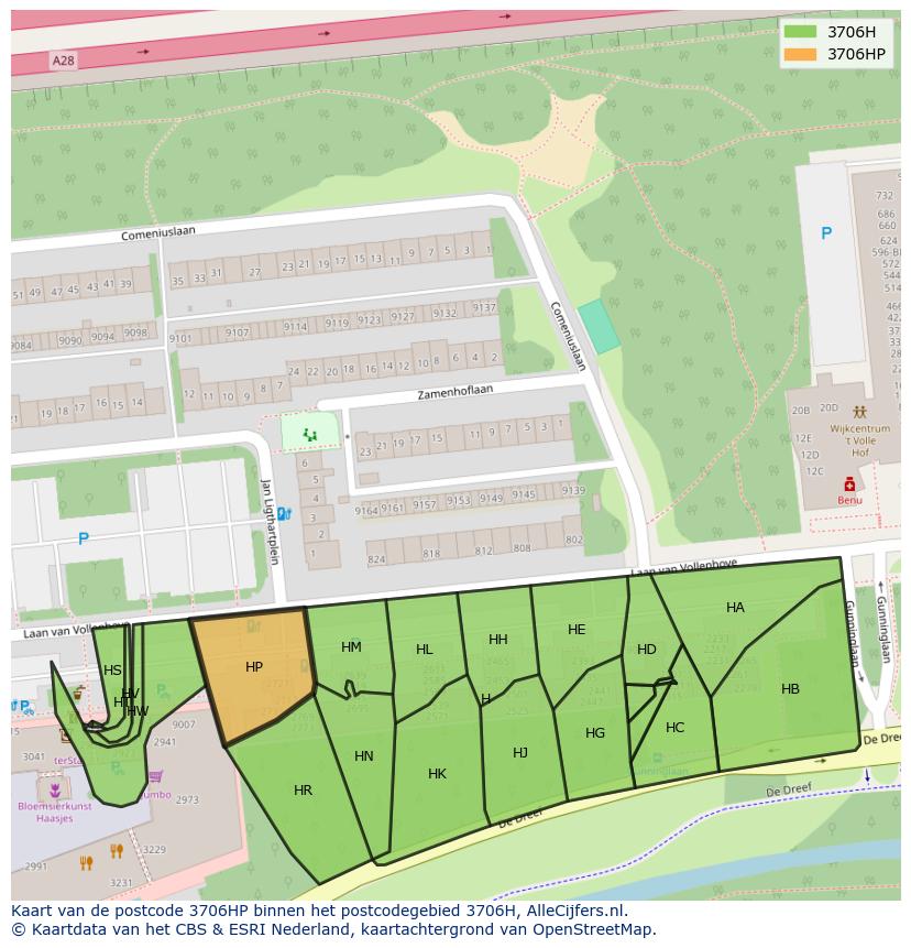 Afbeelding van het postcodegebied 3706 HP op de kaart.