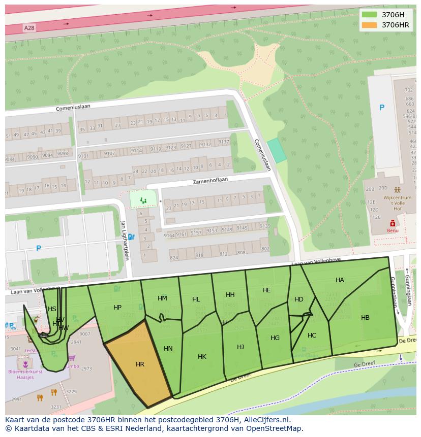 Afbeelding van het postcodegebied 3706 HR op de kaart.