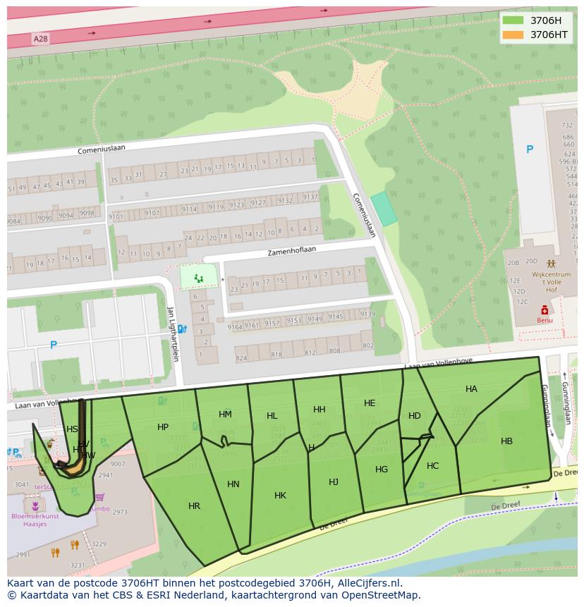 Afbeelding van het postcodegebied 3706 HT op de kaart.