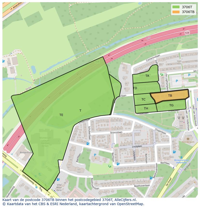 Afbeelding van het postcodegebied 3706 TB op de kaart.