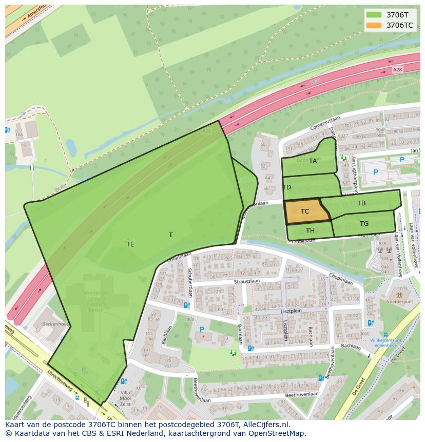 Afbeelding van het postcodegebied 3706 TC op de kaart.