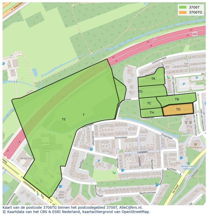 Afbeelding van het postcodegebied 3706 TG op de kaart.