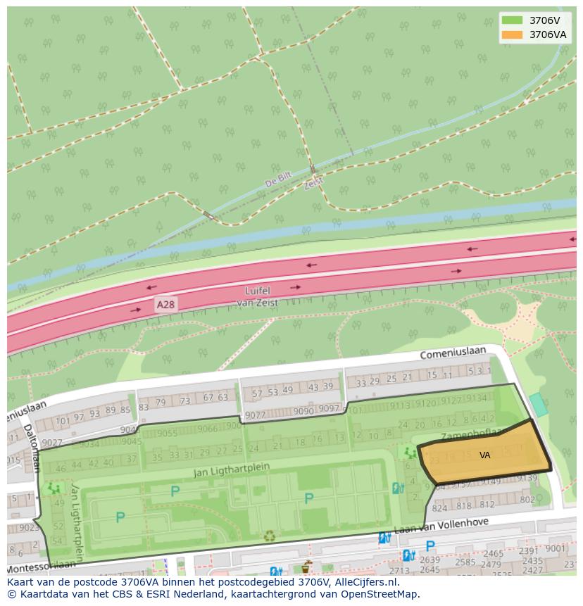 Afbeelding van het postcodegebied 3706 VA op de kaart.