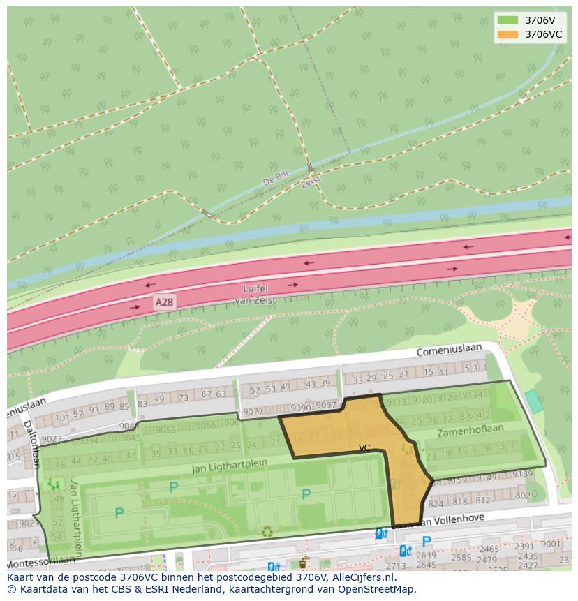 Afbeelding van het postcodegebied 3706 VC op de kaart.