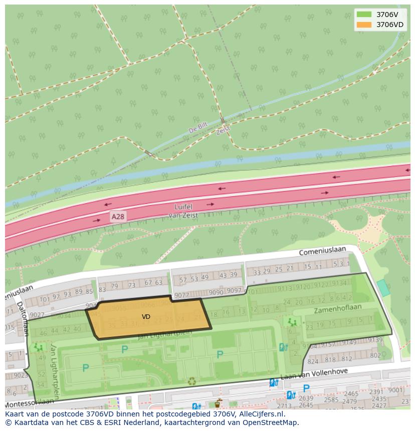 Afbeelding van het postcodegebied 3706 VD op de kaart.
