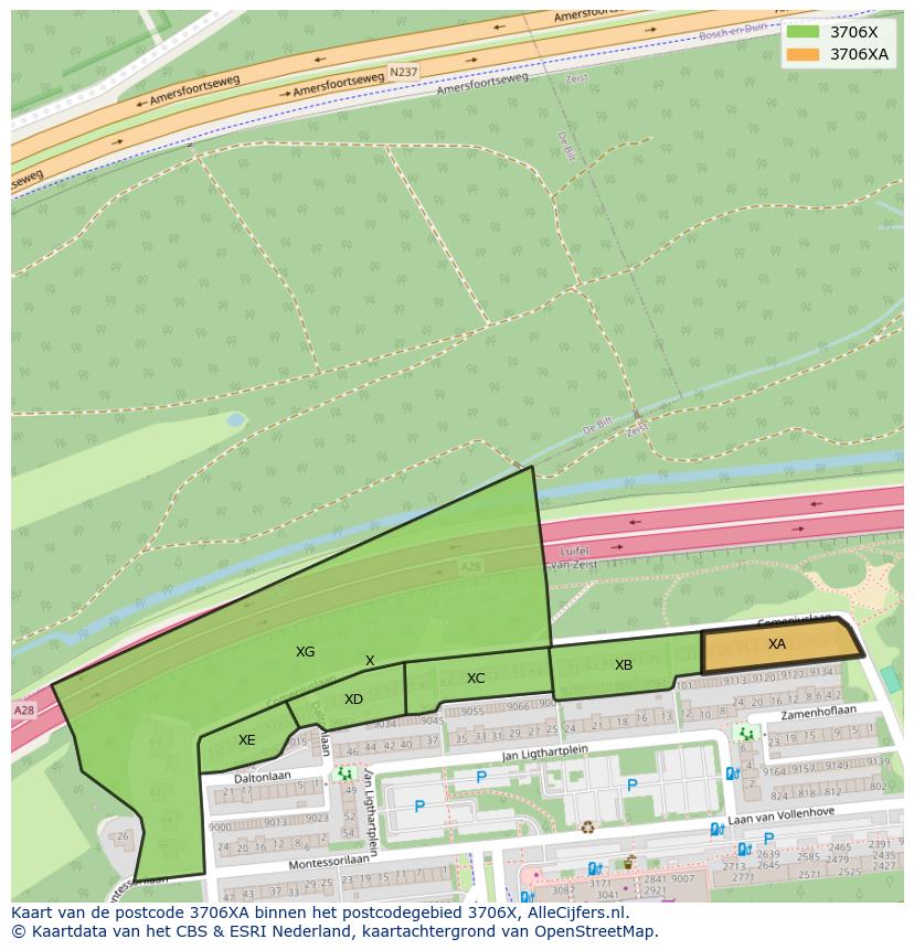 Afbeelding van het postcodegebied 3706 XA op de kaart.