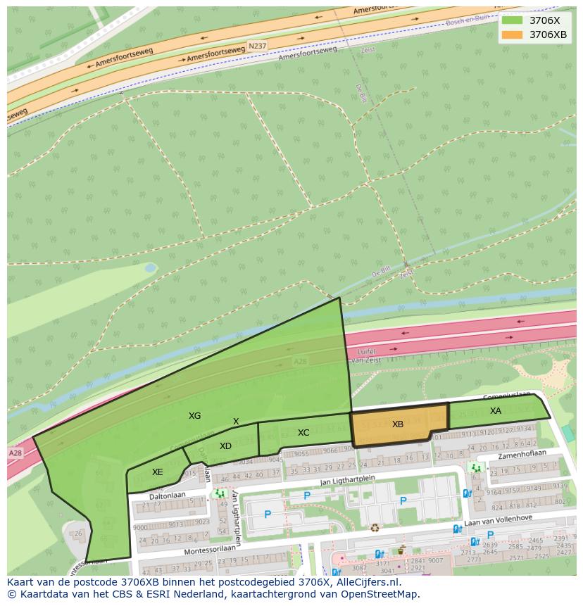 Afbeelding van het postcodegebied 3706 XB op de kaart.