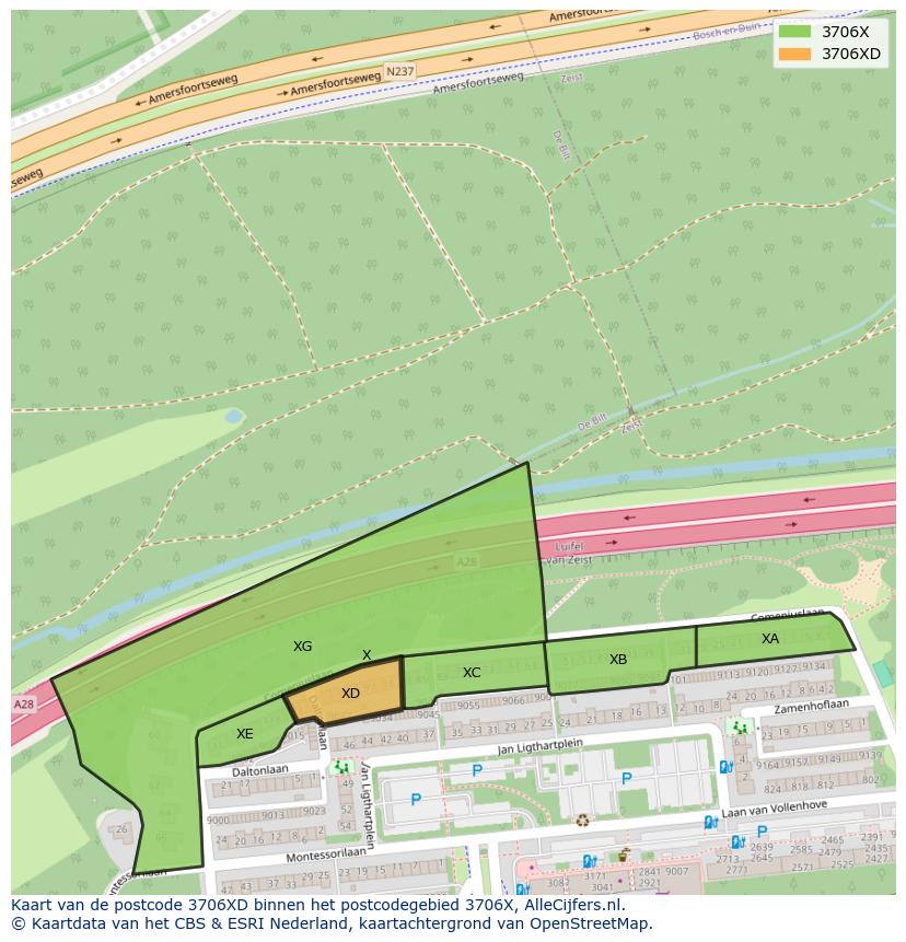 Afbeelding van het postcodegebied 3706 XD op de kaart.