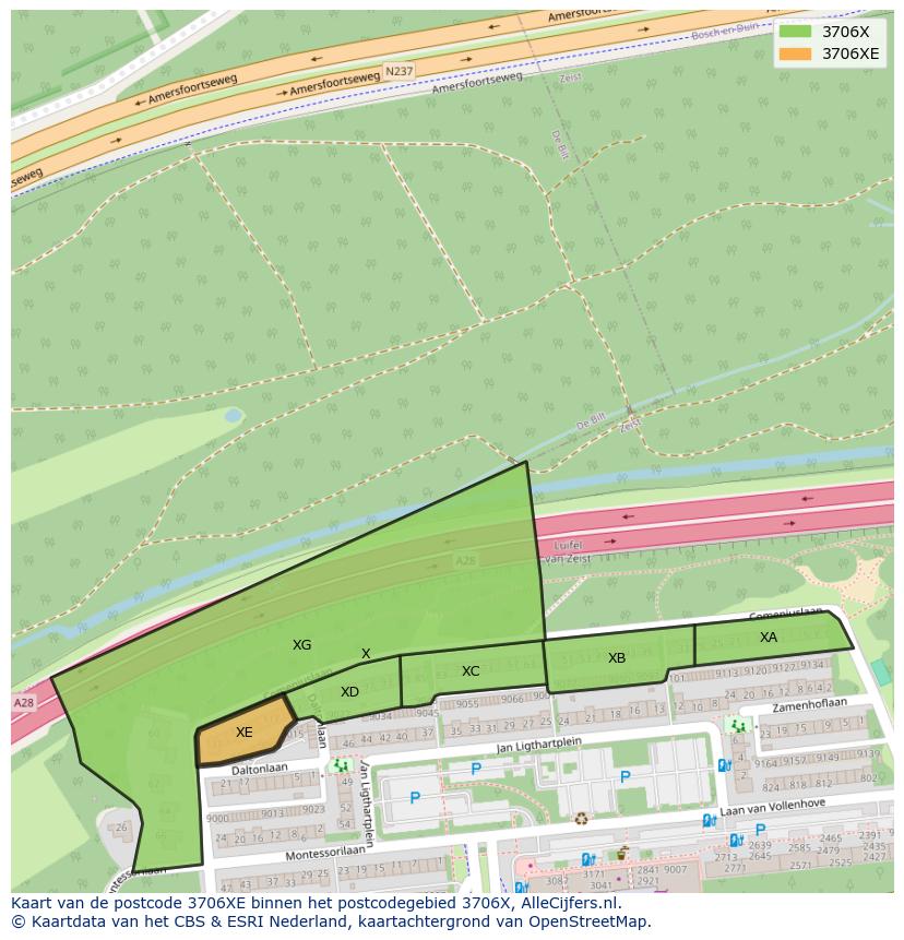 Afbeelding van het postcodegebied 3706 XE op de kaart.