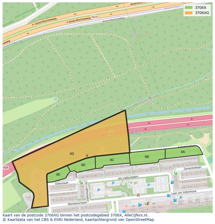 Afbeelding van het postcodegebied 3706 XG op de kaart.