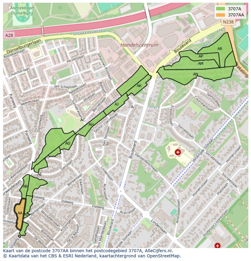 Afbeelding van het postcodegebied 3707 AA op de kaart.