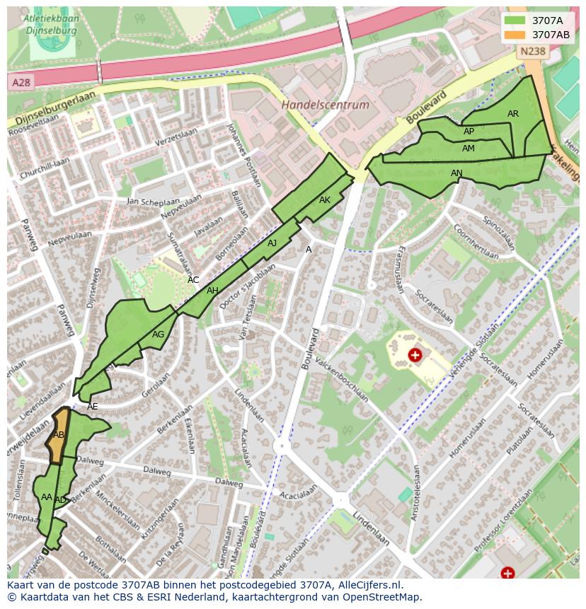 Afbeelding van het postcodegebied 3707 AB op de kaart.