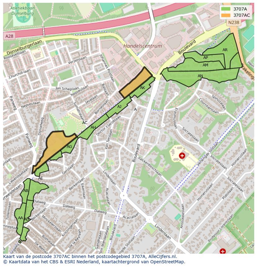 Afbeelding van het postcodegebied 3707 AC op de kaart.