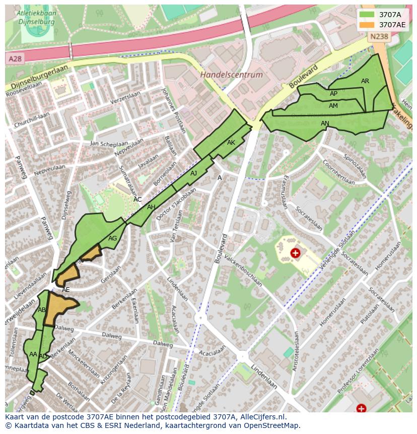 Afbeelding van het postcodegebied 3707 AE op de kaart.