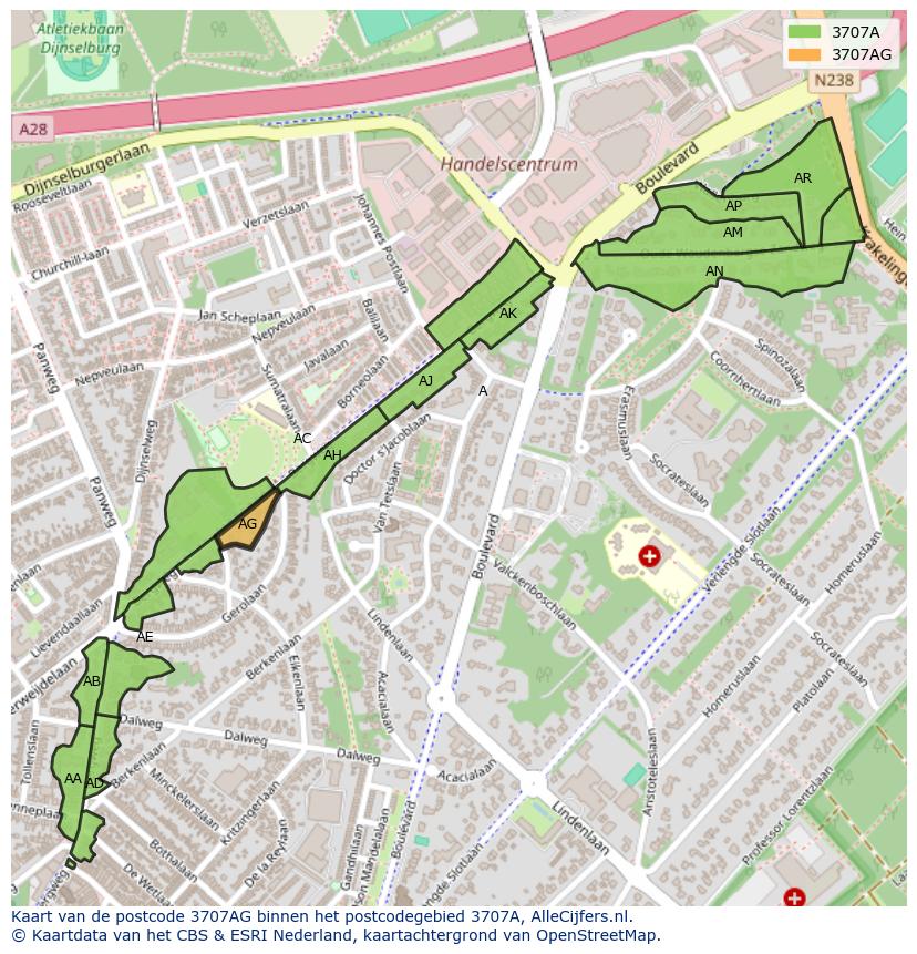 Afbeelding van het postcodegebied 3707 AG op de kaart.