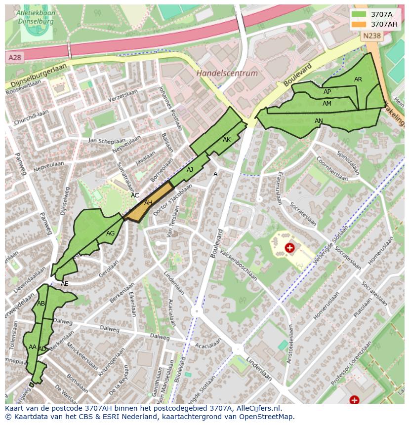 Afbeelding van het postcodegebied 3707 AH op de kaart.