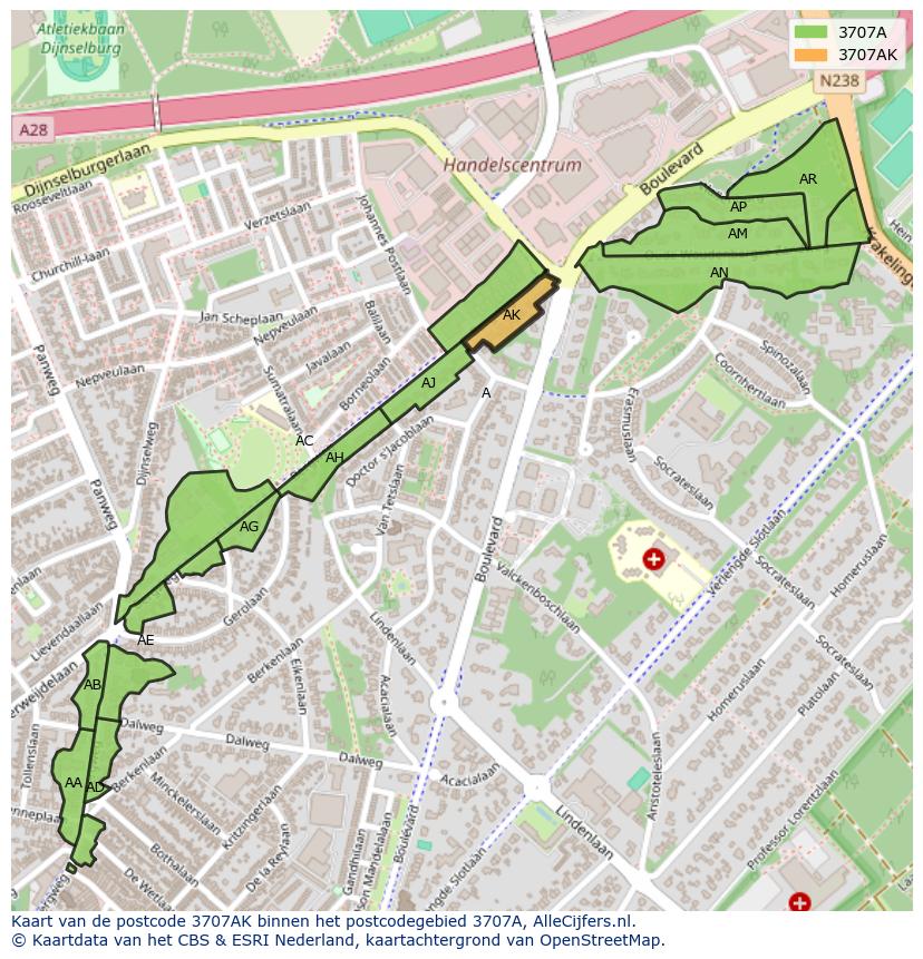 Afbeelding van het postcodegebied 3707 AK op de kaart.