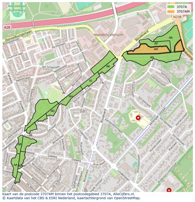Afbeelding van het postcodegebied 3707 AM op de kaart.
