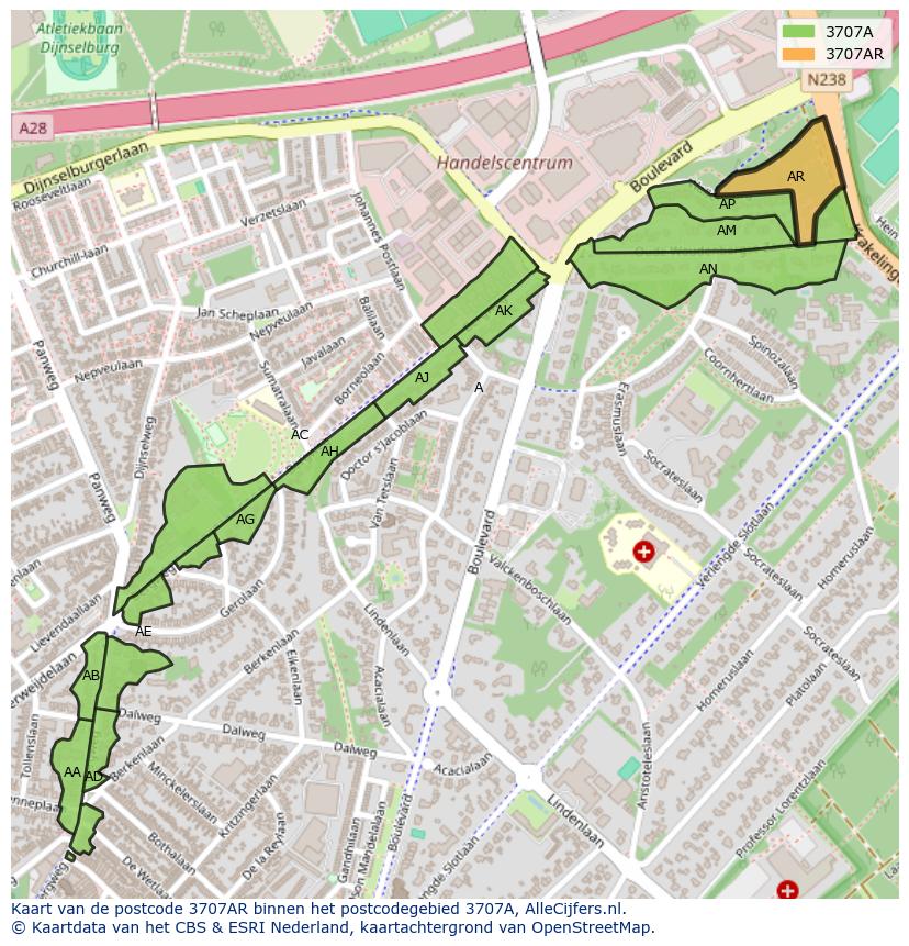 Afbeelding van het postcodegebied 3707 AR op de kaart.