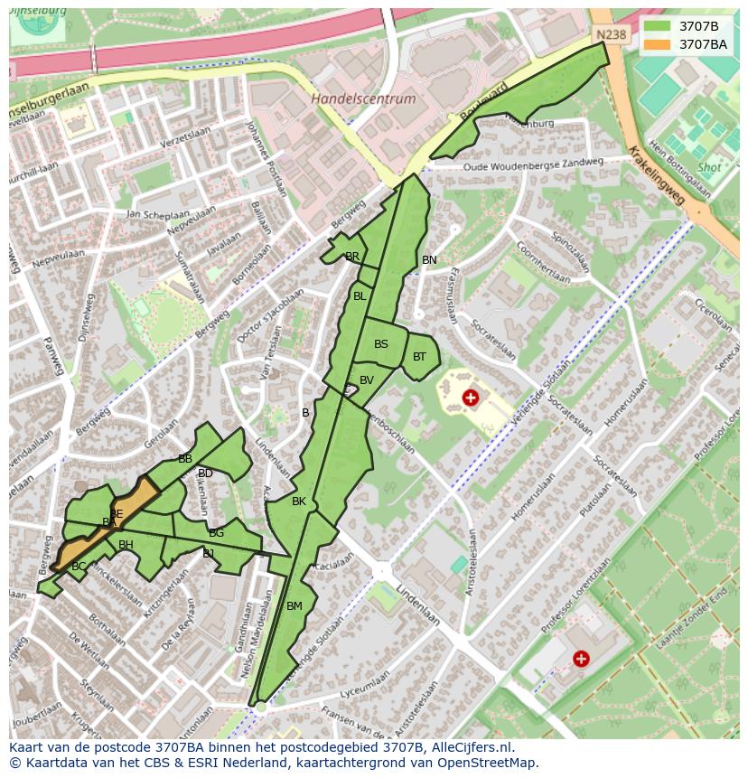 Afbeelding van het postcodegebied 3707 BA op de kaart.
