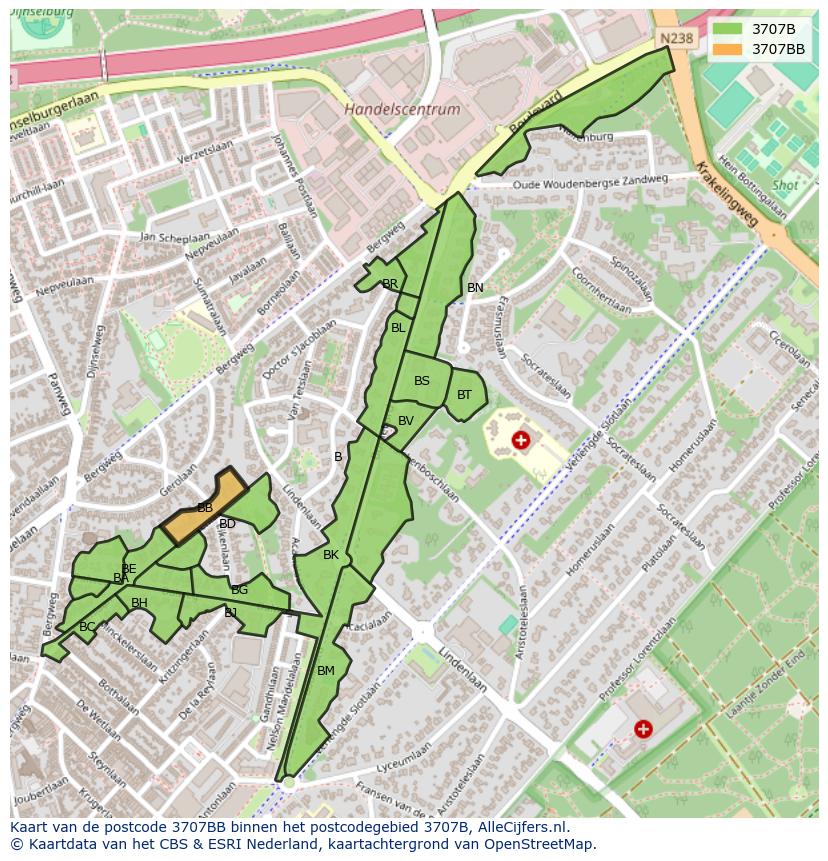Afbeelding van het postcodegebied 3707 BB op de kaart.