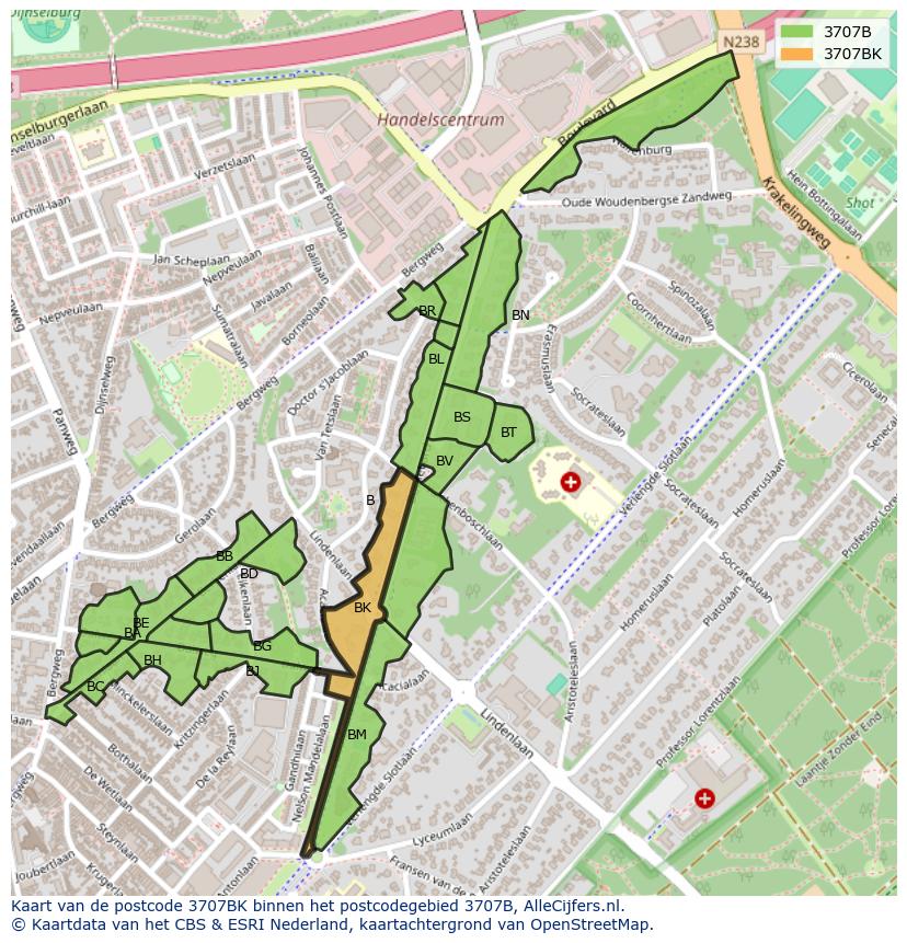 Afbeelding van het postcodegebied 3707 BK op de kaart.
