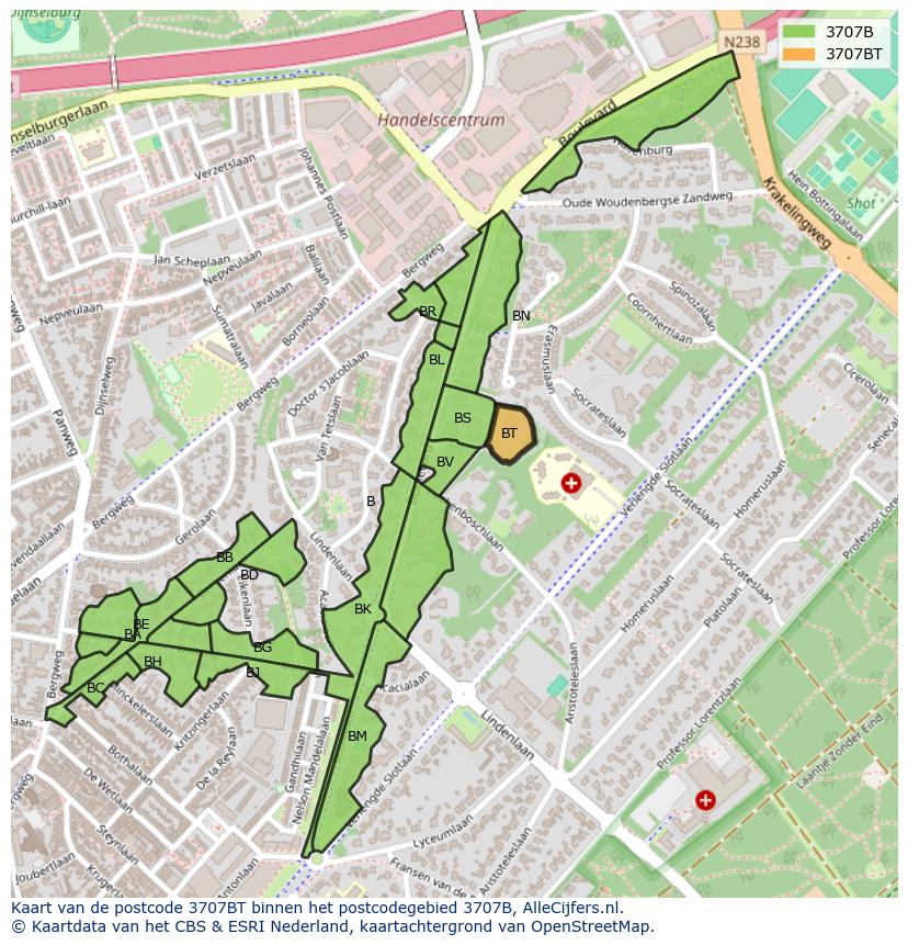 Afbeelding van het postcodegebied 3707 BT op de kaart.