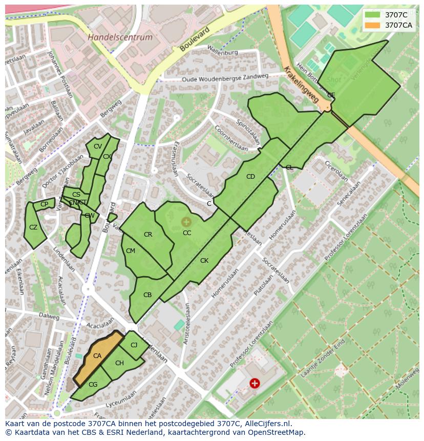 Afbeelding van het postcodegebied 3707 CA op de kaart.
