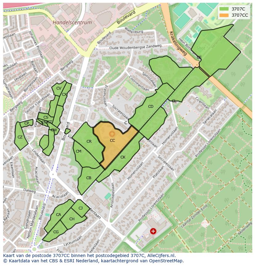 Afbeelding van het postcodegebied 3707 CC op de kaart.