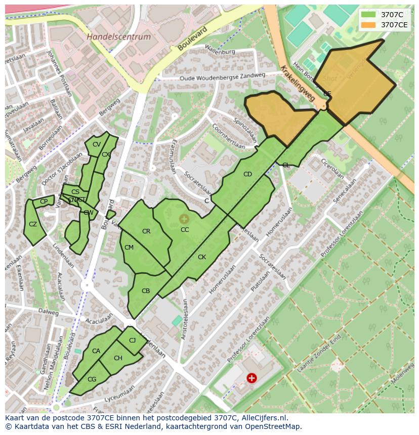 Afbeelding van het postcodegebied 3707 CE op de kaart.