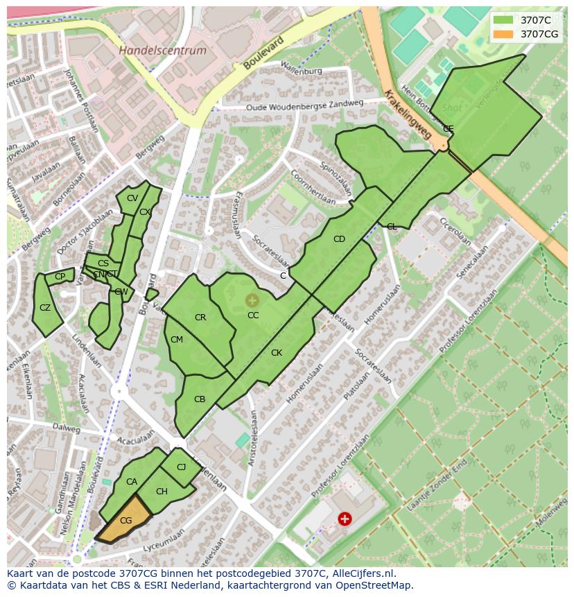 Afbeelding van het postcodegebied 3707 CG op de kaart.